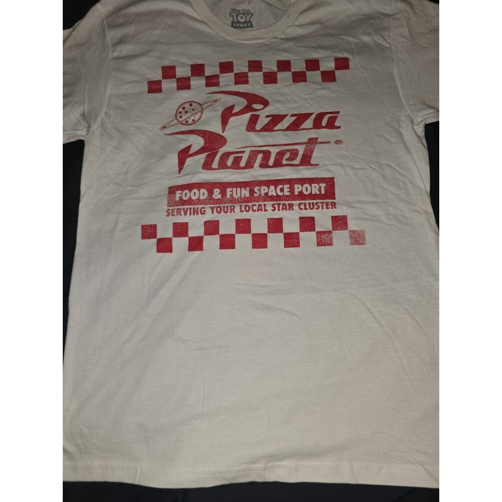 Disney Pixar Toy Story Pizza Planet T-Shirt Small White Red Checkered Logo NWOT